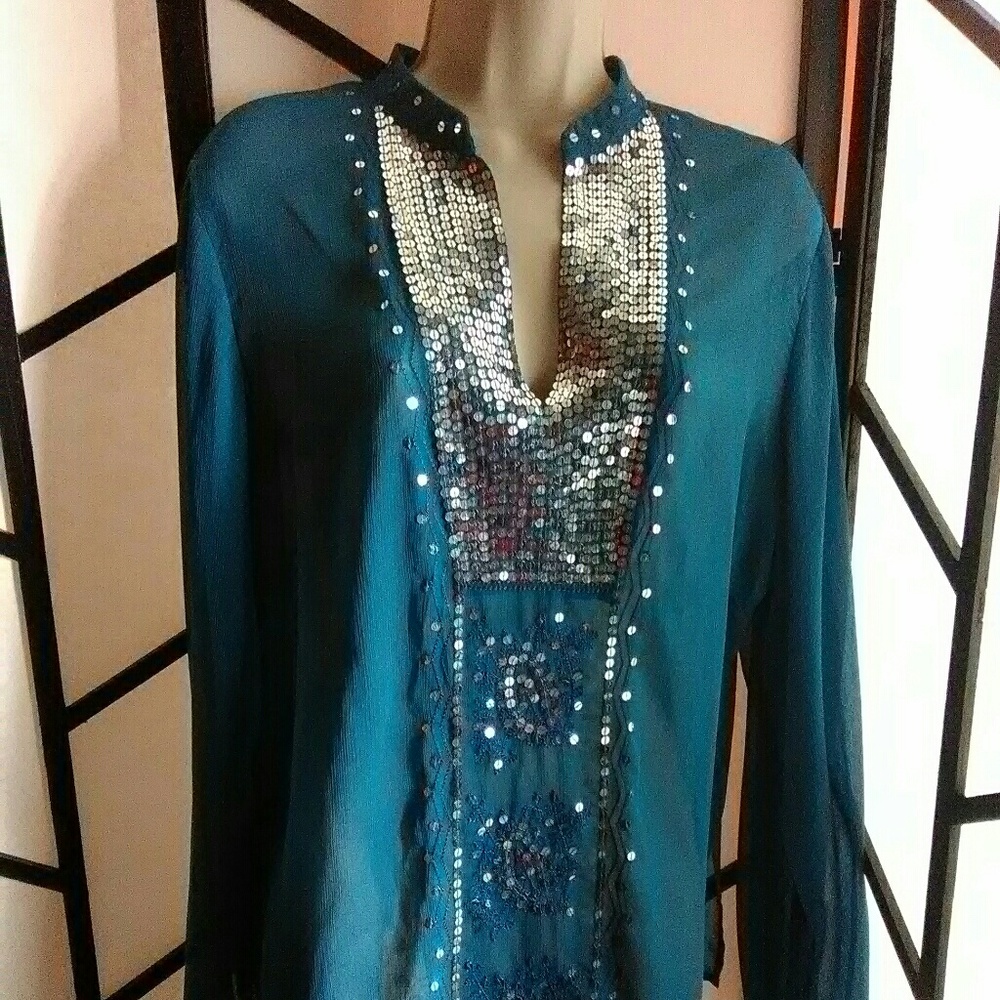 The In Shop Women's Turquoise SheerSequin Top